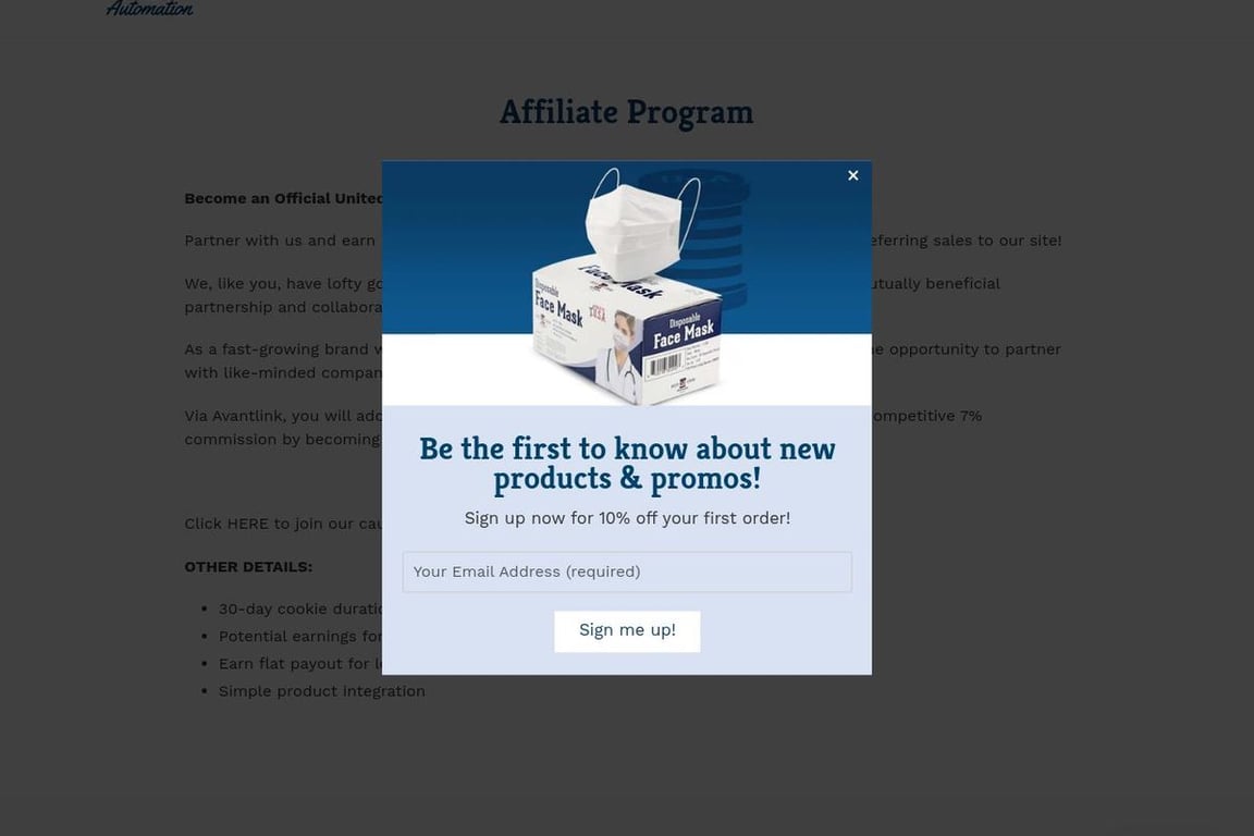 United Sewing affiliate program signup page