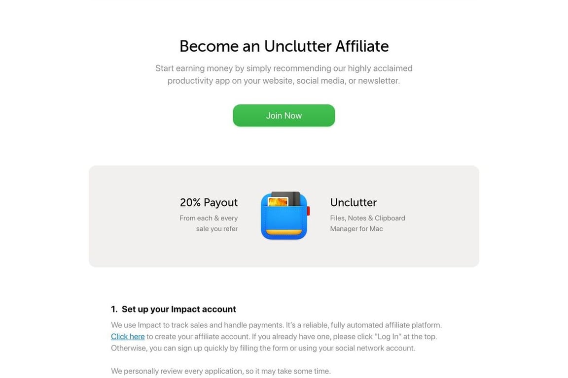 Unclutter affiliate program signup page