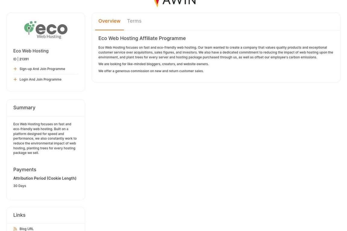 Eco Web Hosting affiliate program signup page