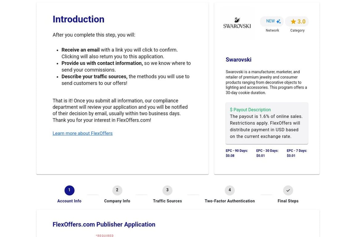 Swarovski affiliate program signup page