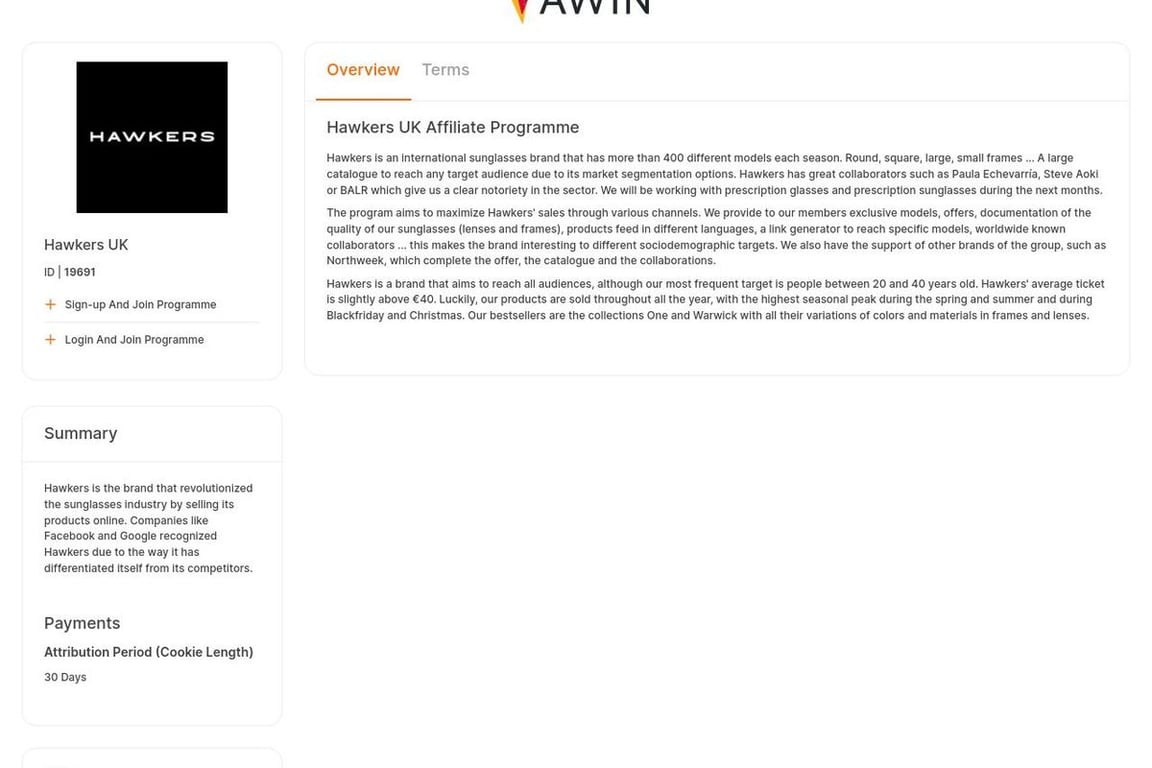 Hawkers UK affiliate program signup page