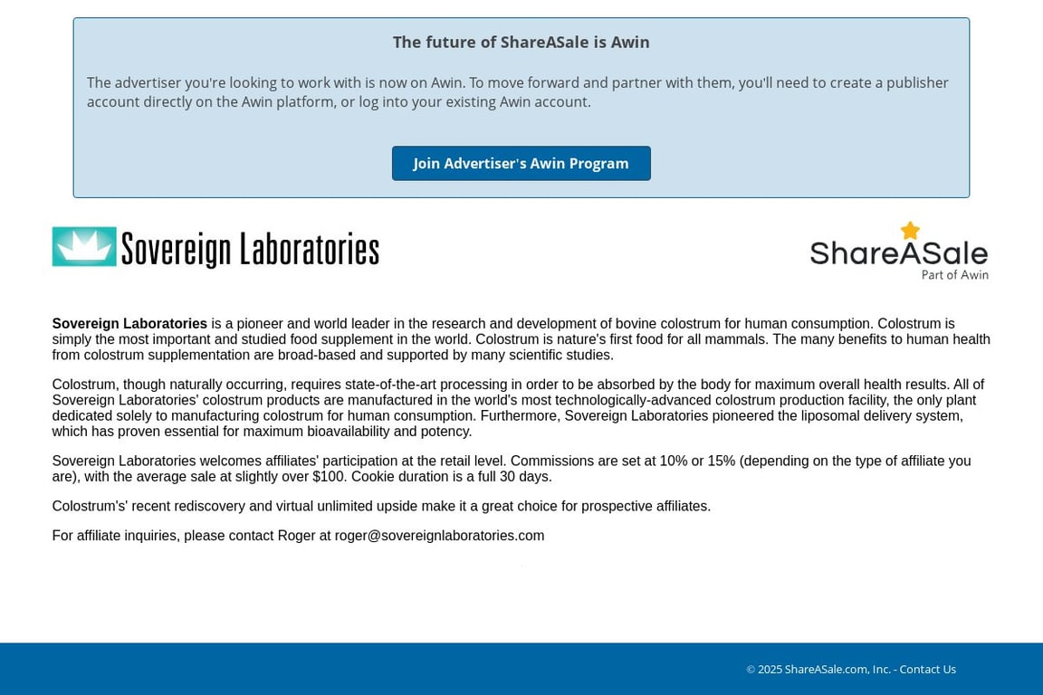 Sovereign Laboratories affiliate program signup page