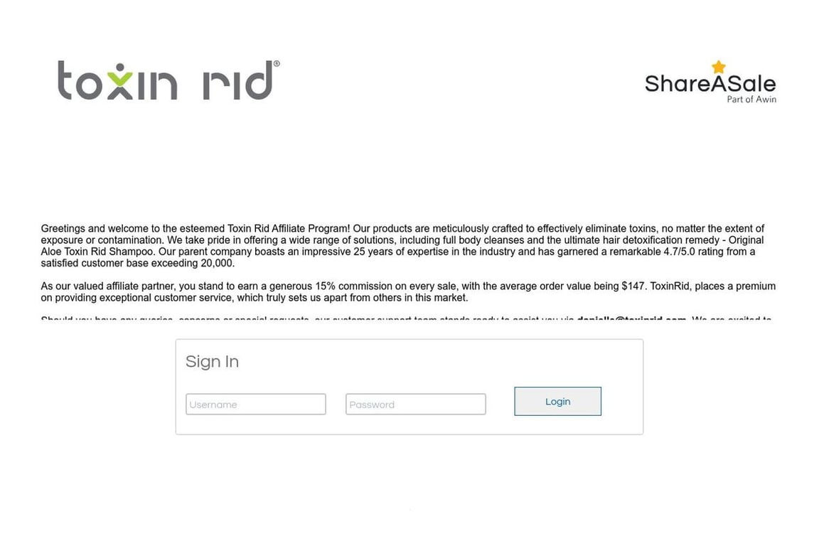 Toxin Rid. affiliate program signup page