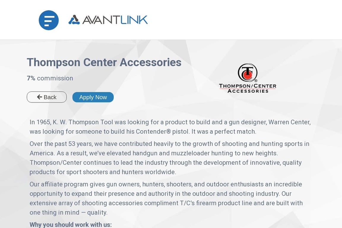 Thompson Center Accessories affiliate program signup page