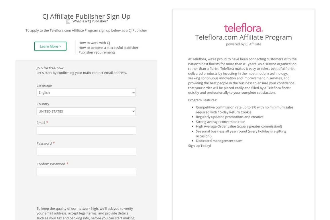 Teleflora.com affiliate program signup page