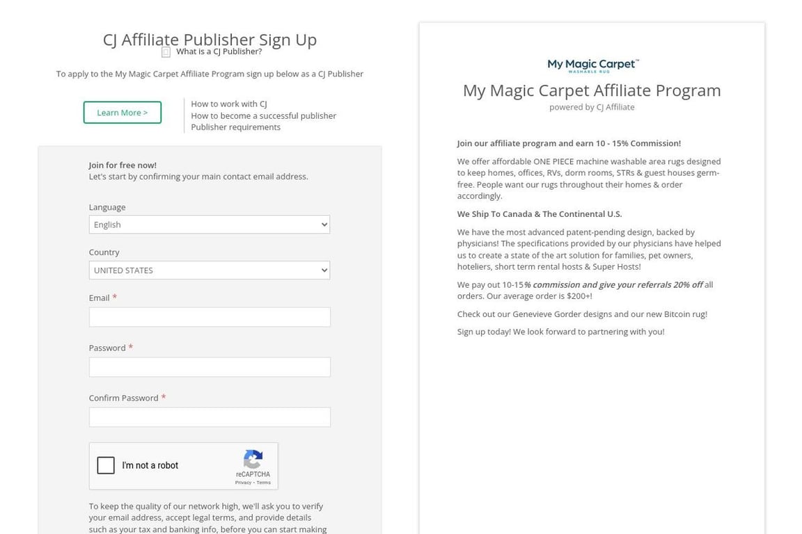 My Magic Carpet affiliate program signup page