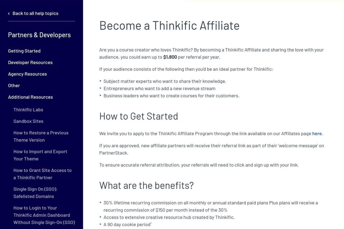 Thinkific affiliate program signup page