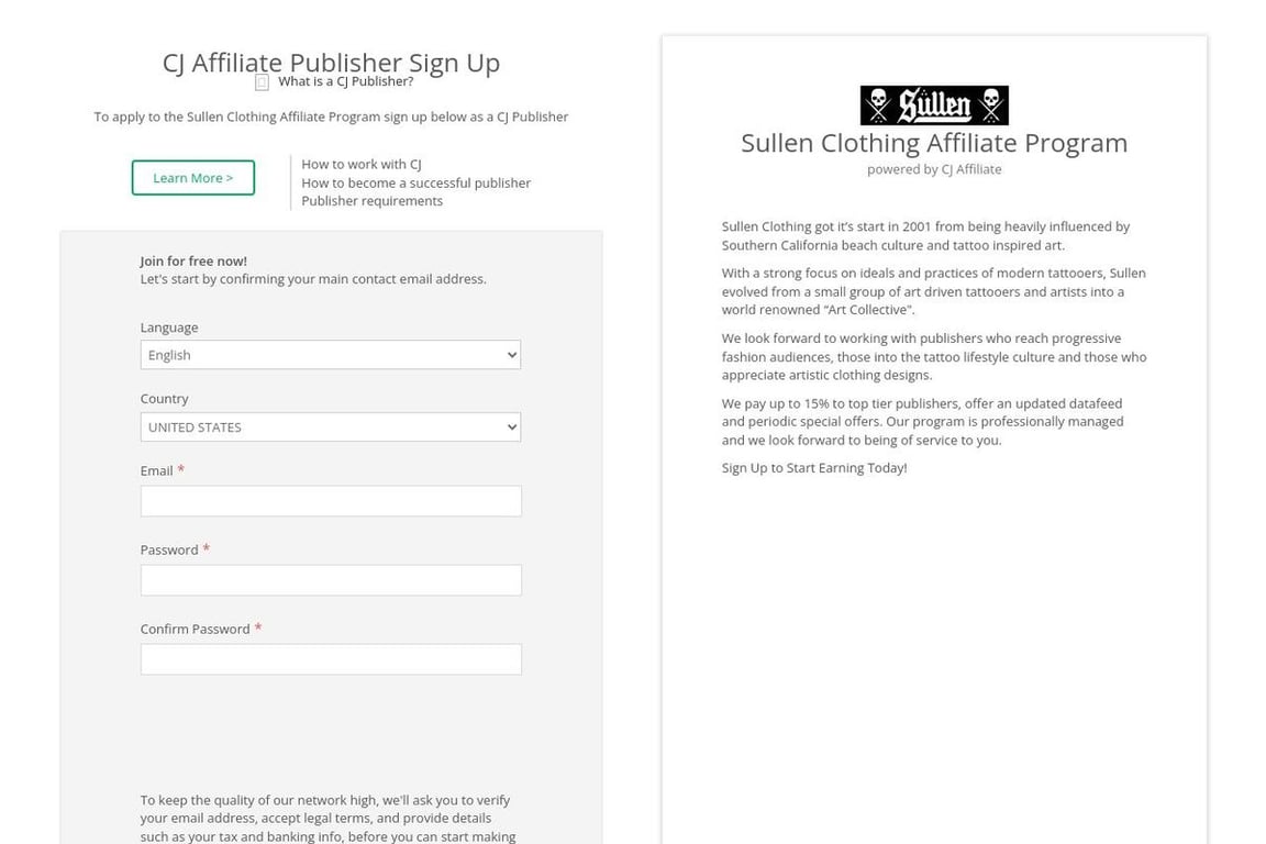 Sullen Clothing affiliate program signup page