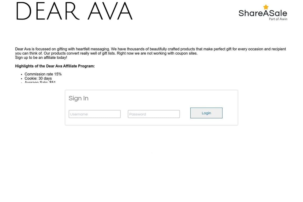 Dear Ava affiliate program signup page