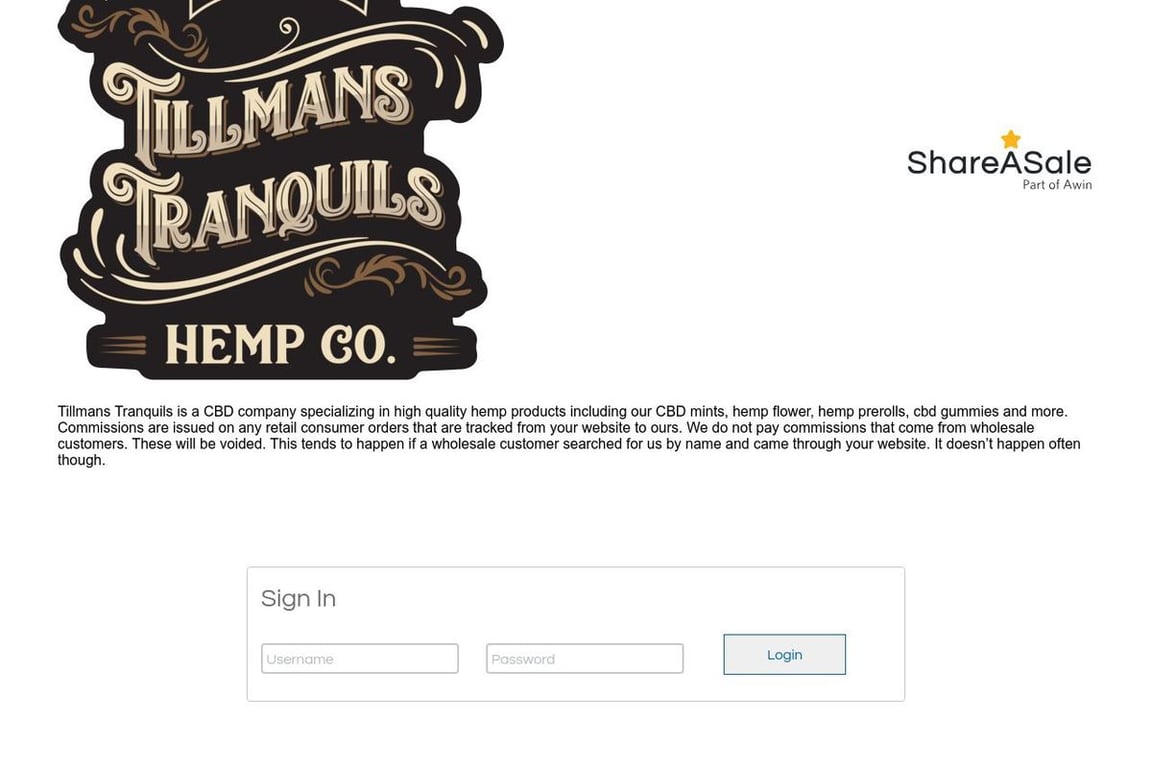 Tillmans Tranquils affiliate program signup page