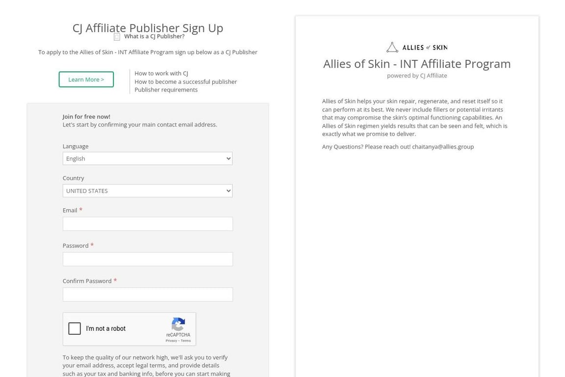 Allies of Skin affiliate program signup page