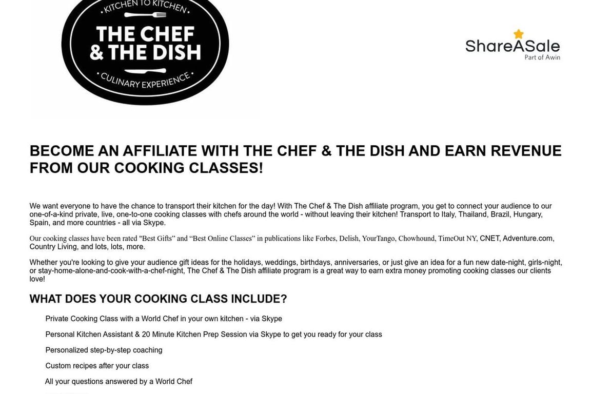 The Chef & The Dish affiliate program signup page