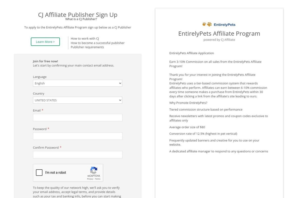EntirelyPets affiliate program signup page