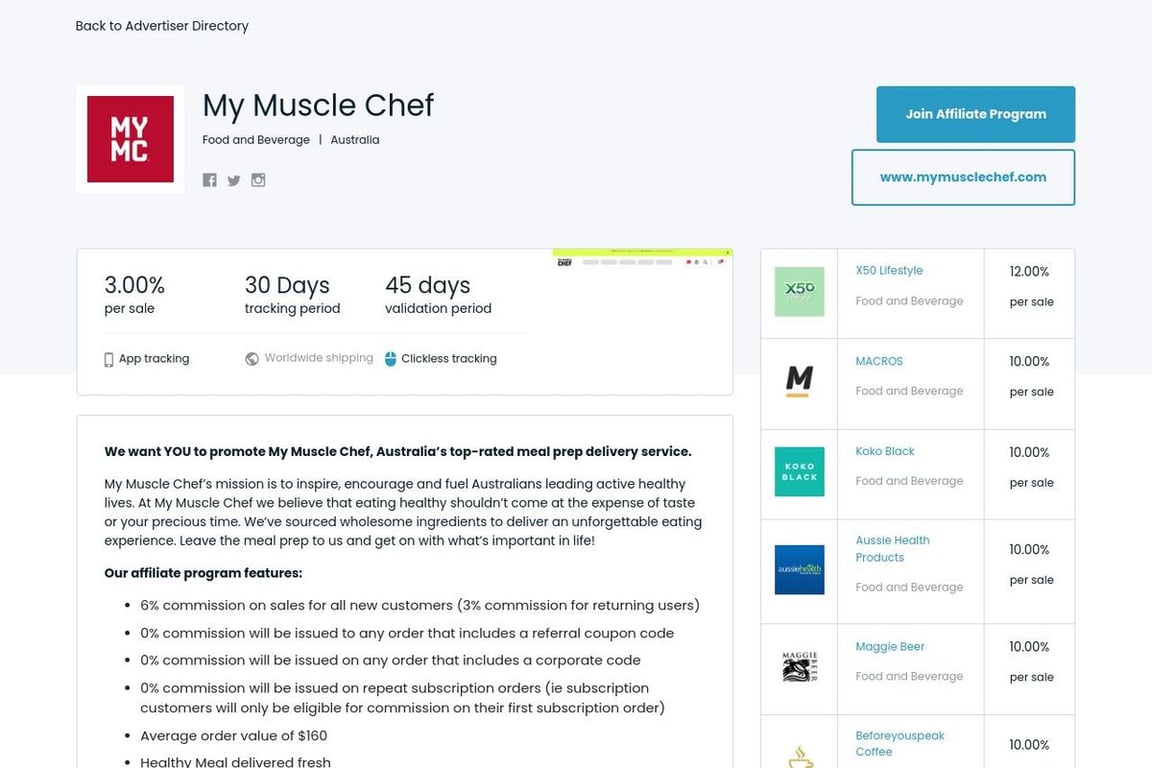 My Muscle Chef affiliate program signup page