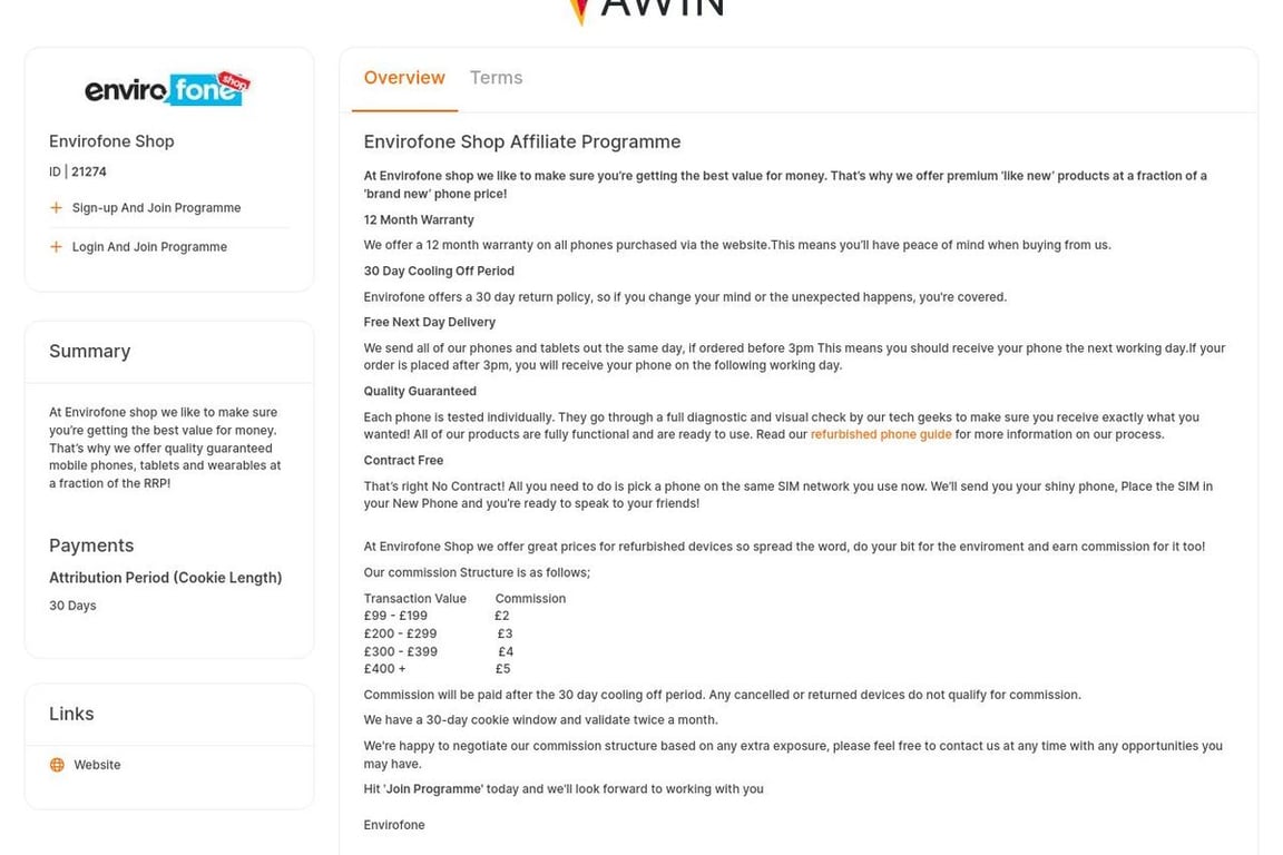 Envirofone Shop affiliate program signup page