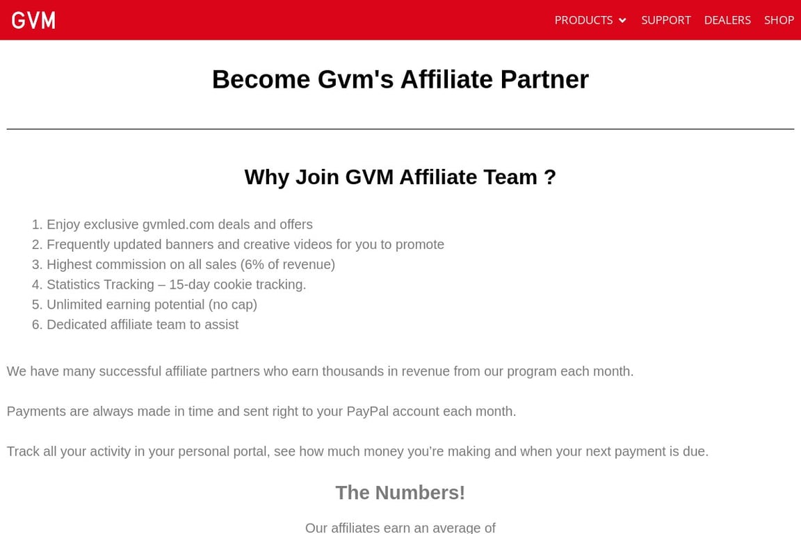 GVM LED affiliate program signup page