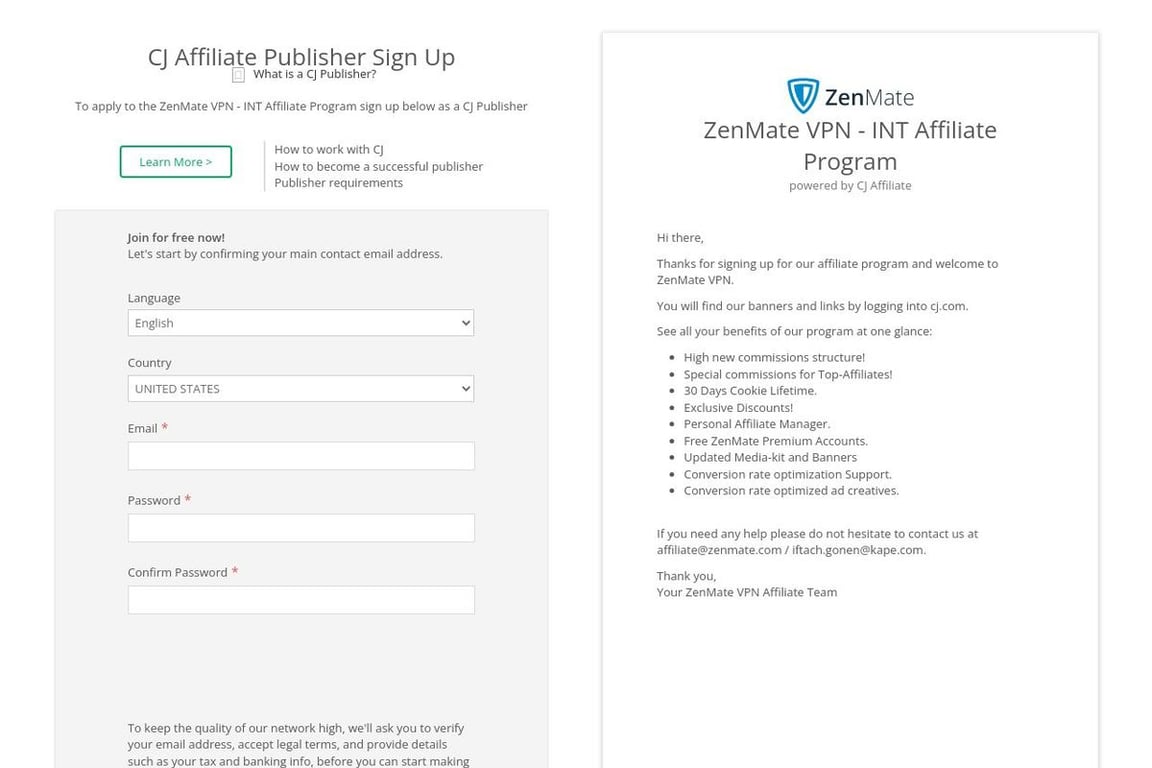 ZenMate VPN US affiliate program signup page