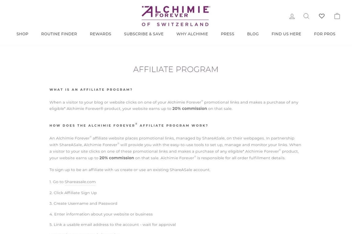 Alchimie Forever affiliate program signup page