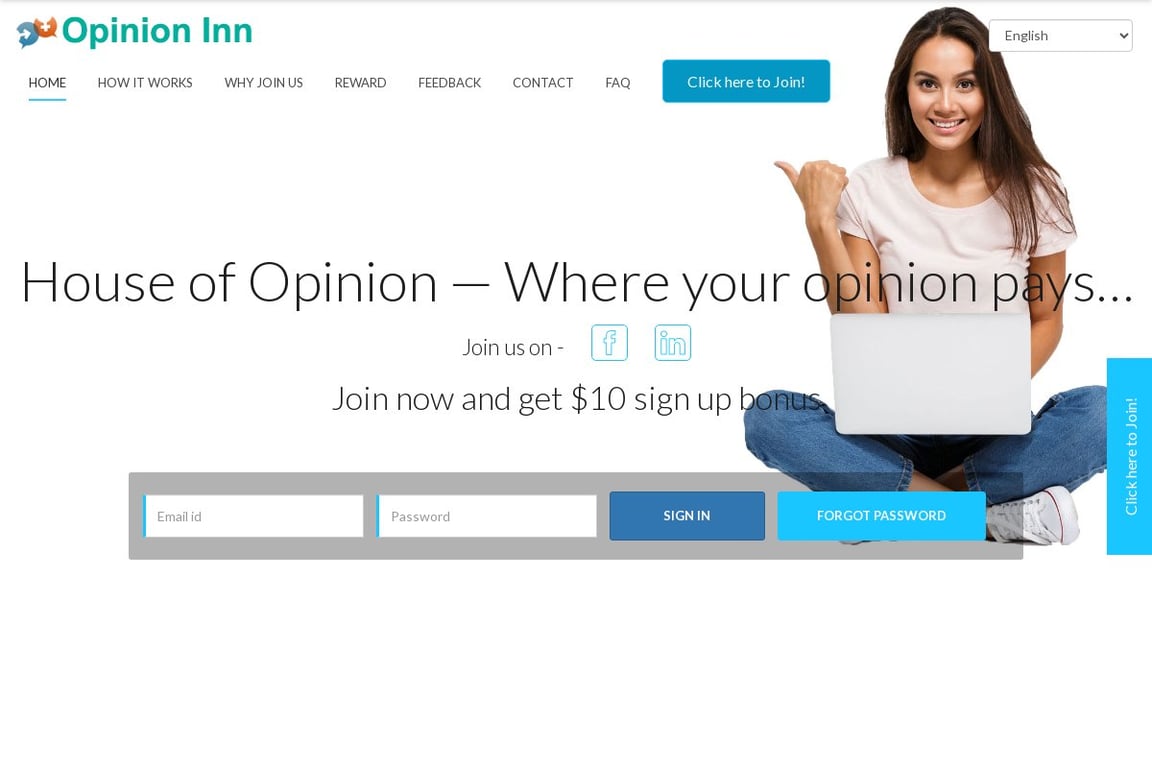 OpinionInn Panel Signup Program homepage