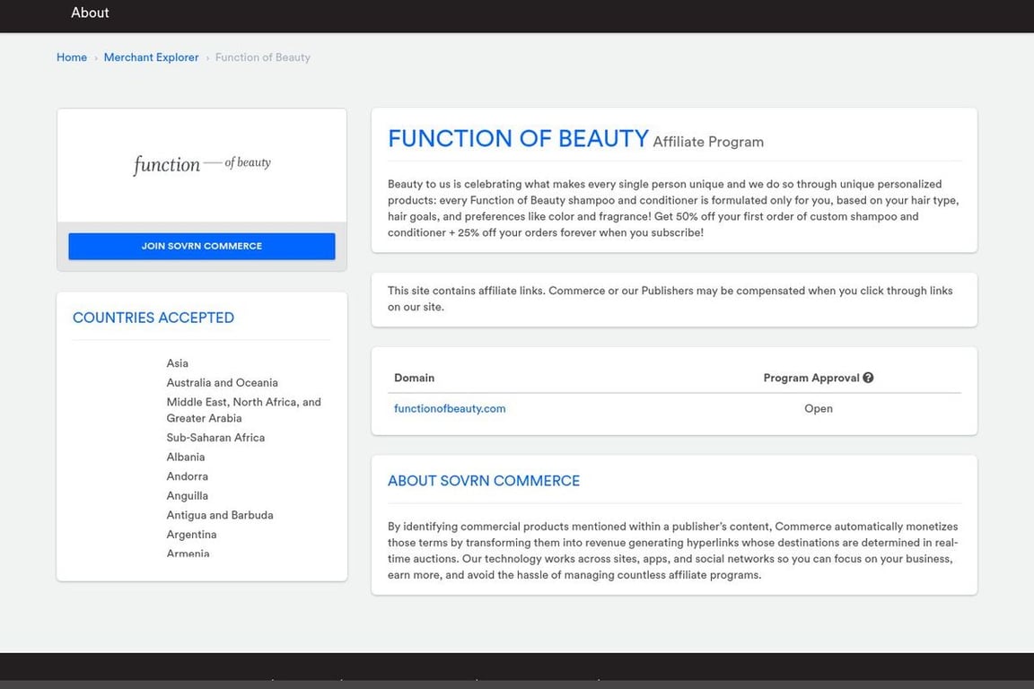 Function of Beauty affiliate program signup page