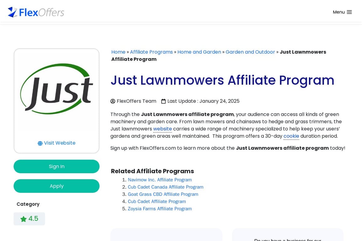 Just Lawnmowers affiliate program signup page