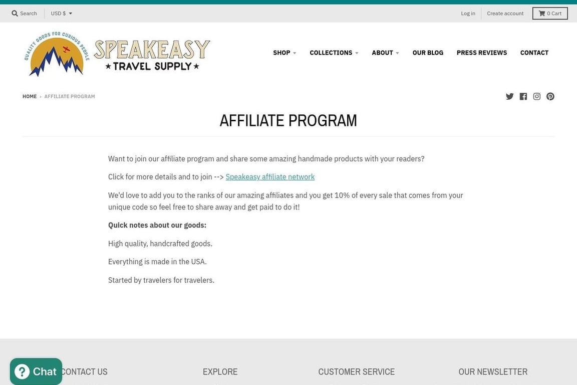 Speakeasy Travel Supply affiliate program signup page