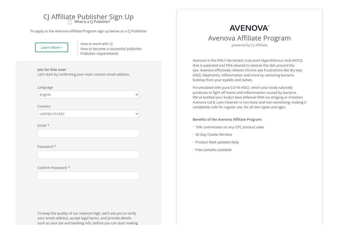 Avenova affiliate program signup page