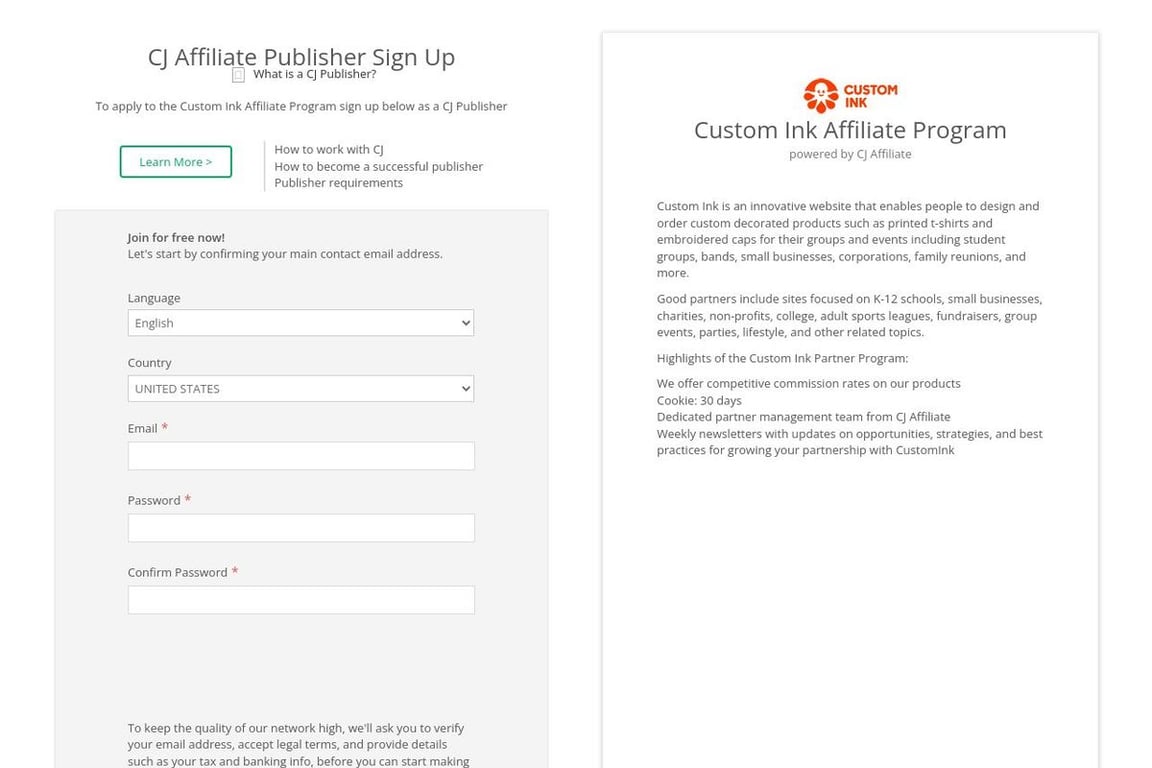Custom Ink affiliate program signup page