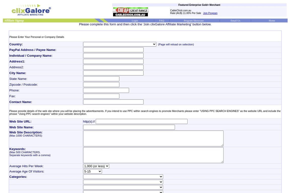 ClixGalore affiliate program signup page
