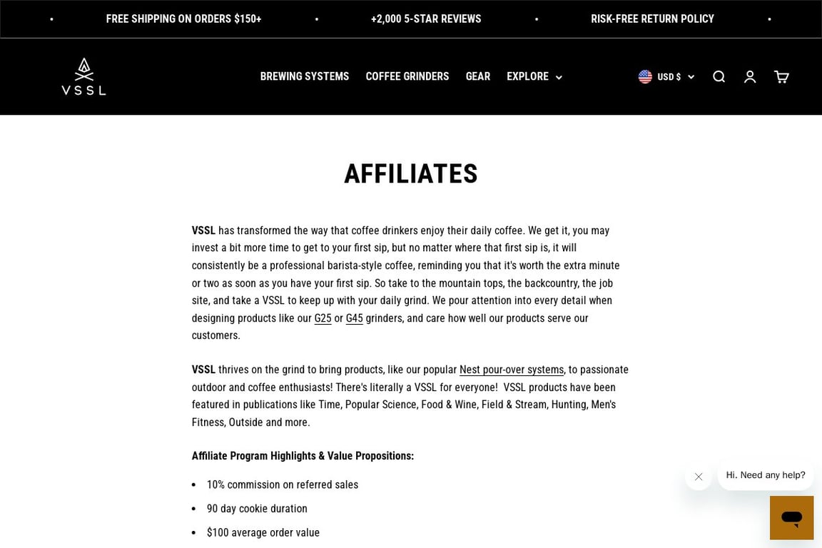 VSSL affiliate program signup page