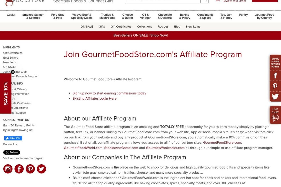 Gourmet Food Store affiliate program signup page