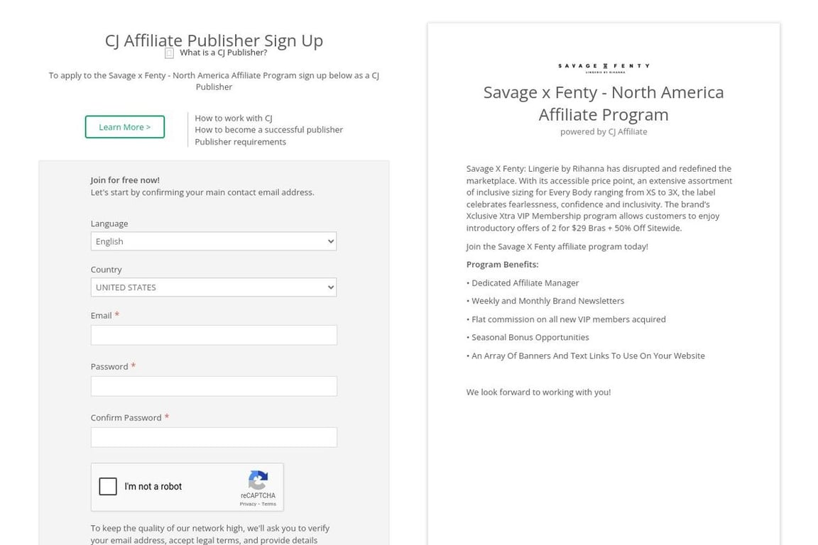 Savage x Fenty affiliate program signup page
