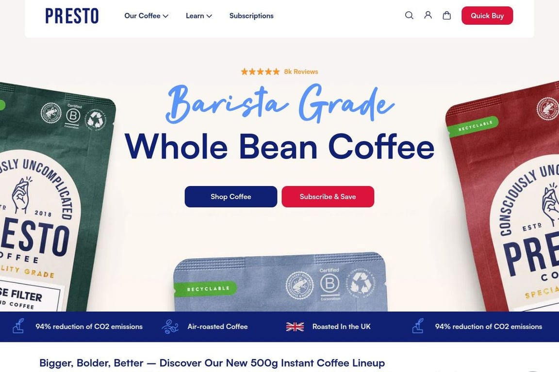 Presto Coffee homepage