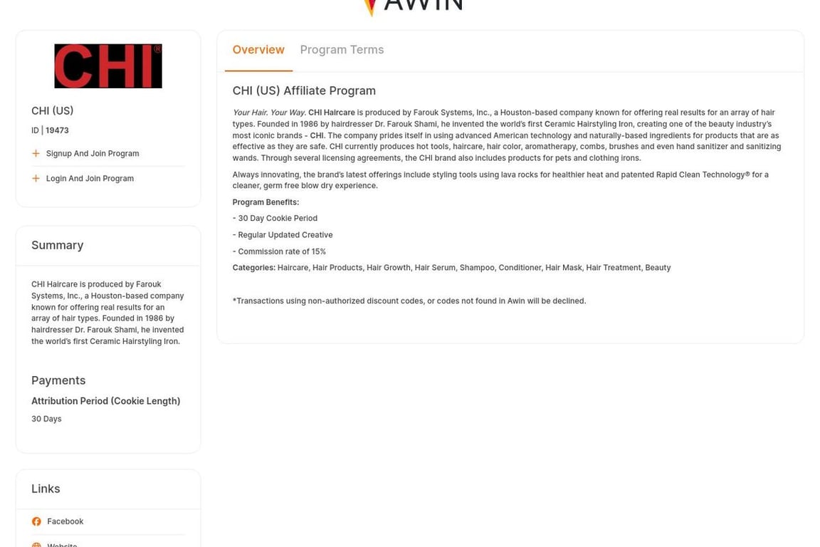 CHI (US) affiliate program signup page