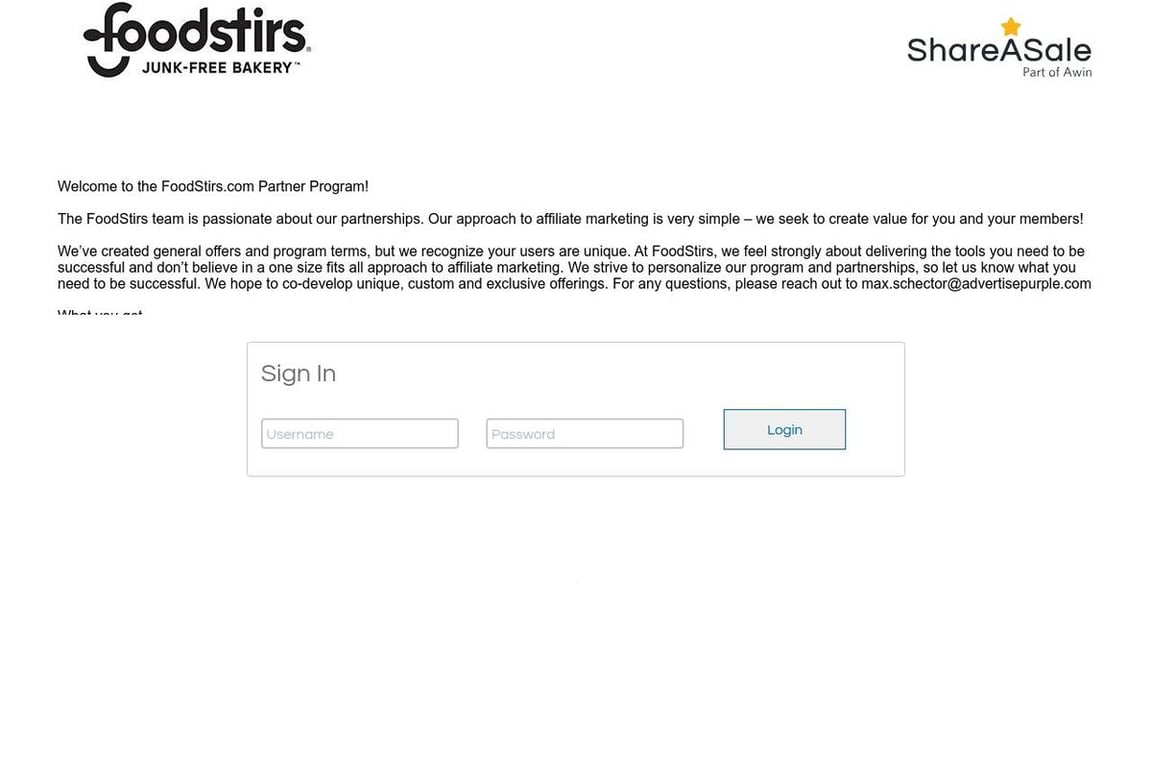 Foodstirs affiliate program signup page