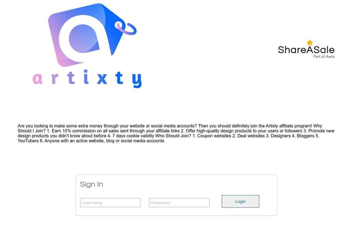 Artixty affiliate program signup page