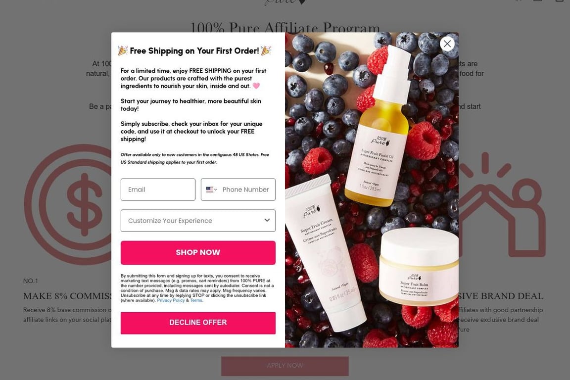 100% Pure affiliate program signup page