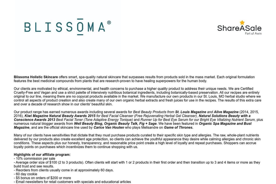 Blissoma Holistic Skincare affiliate program signup page