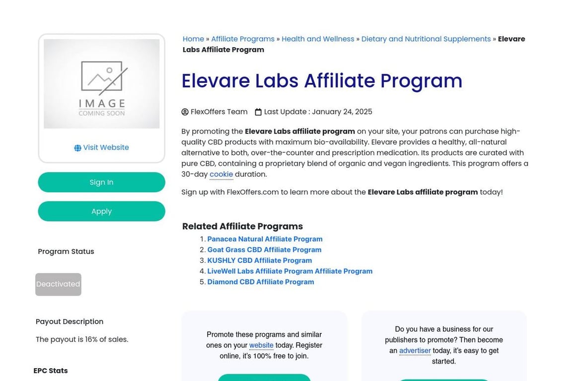 Elevare Labs affiliate program signup page