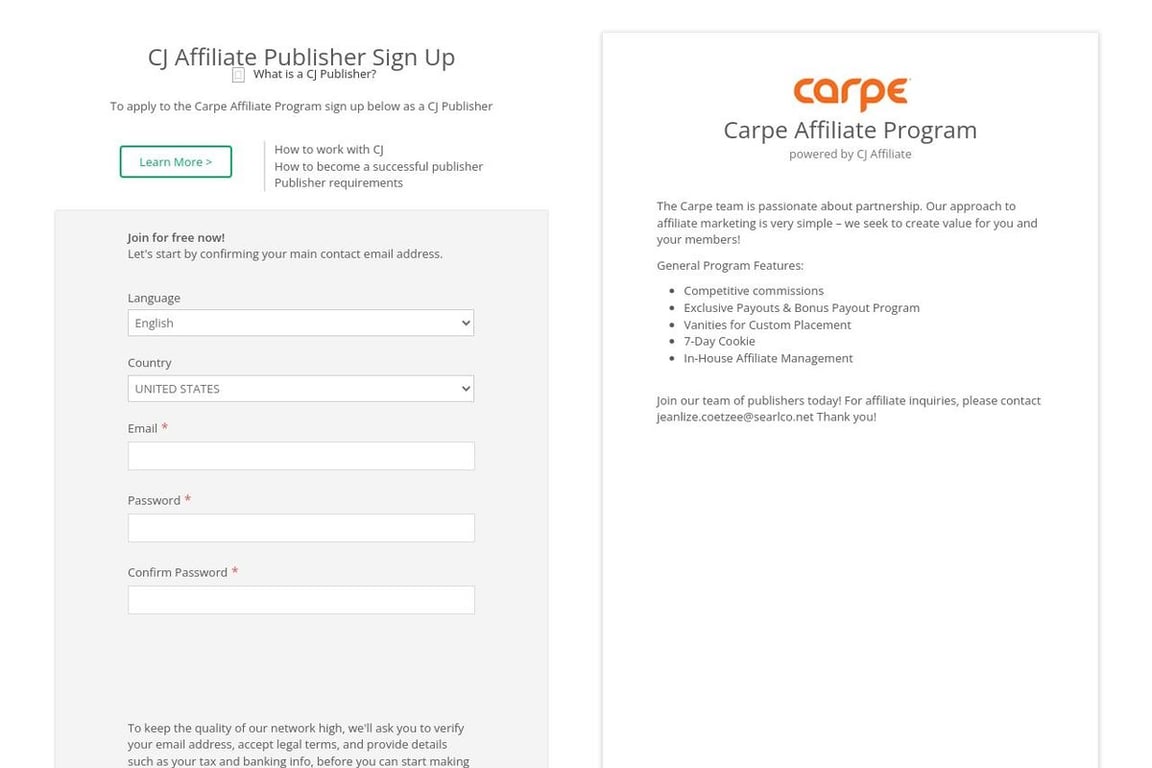 Carpe affiliate program signup page