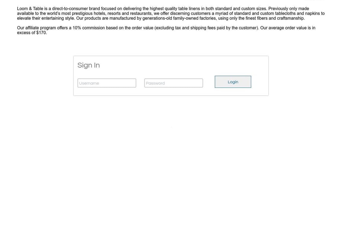 Loom & Table affiliate program signup page