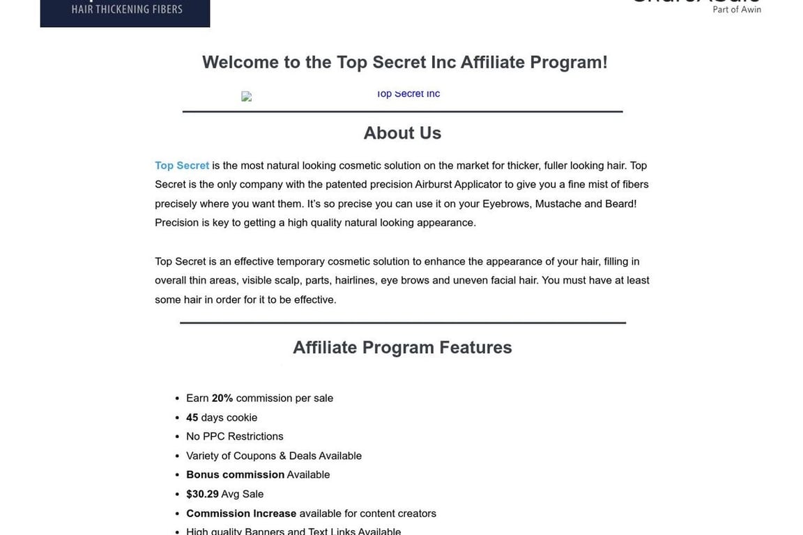 Top Secret Inc. affiliate program signup page