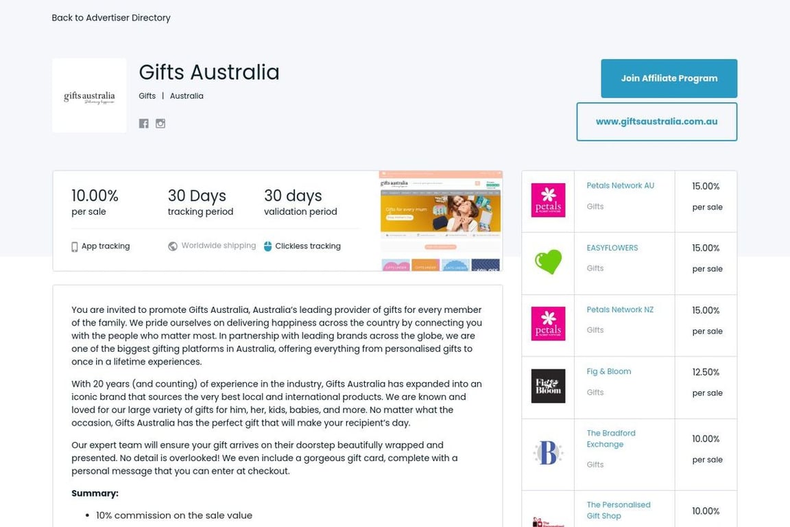 Gifts Australia affiliate program signup page