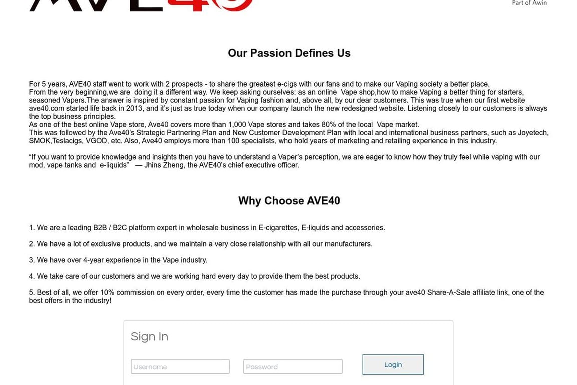 AVE40 affiliate program signup page