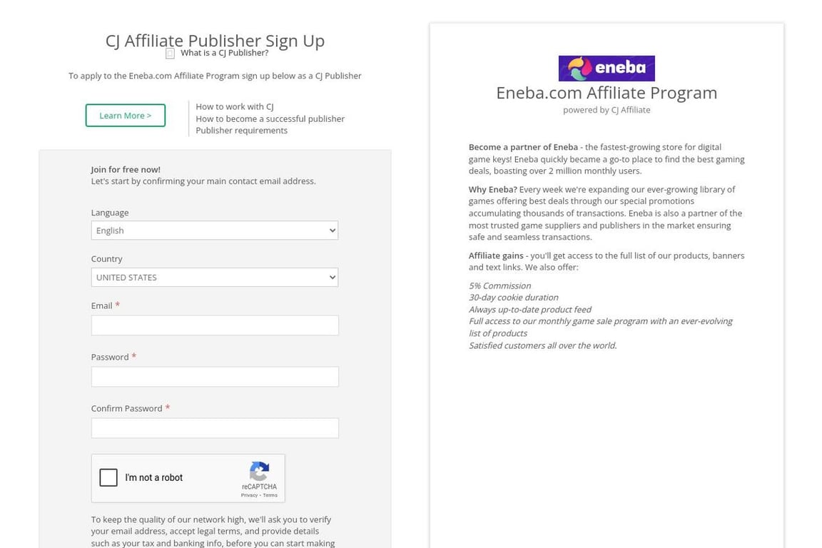 Eneba.com affiliate program signup page
