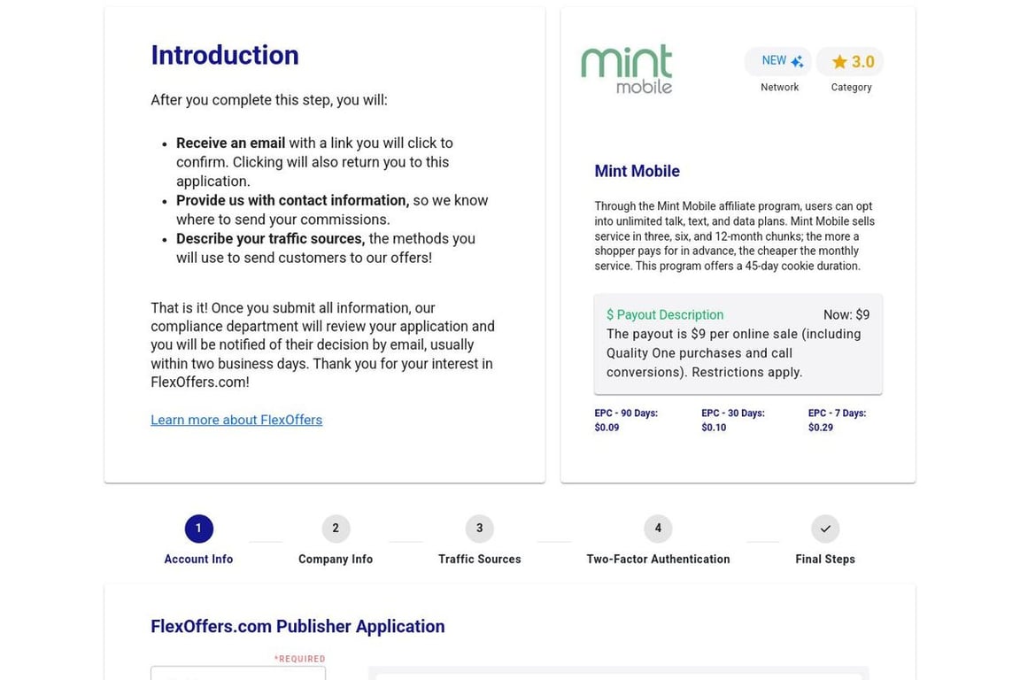 Mint Mobile affiliate program signup page