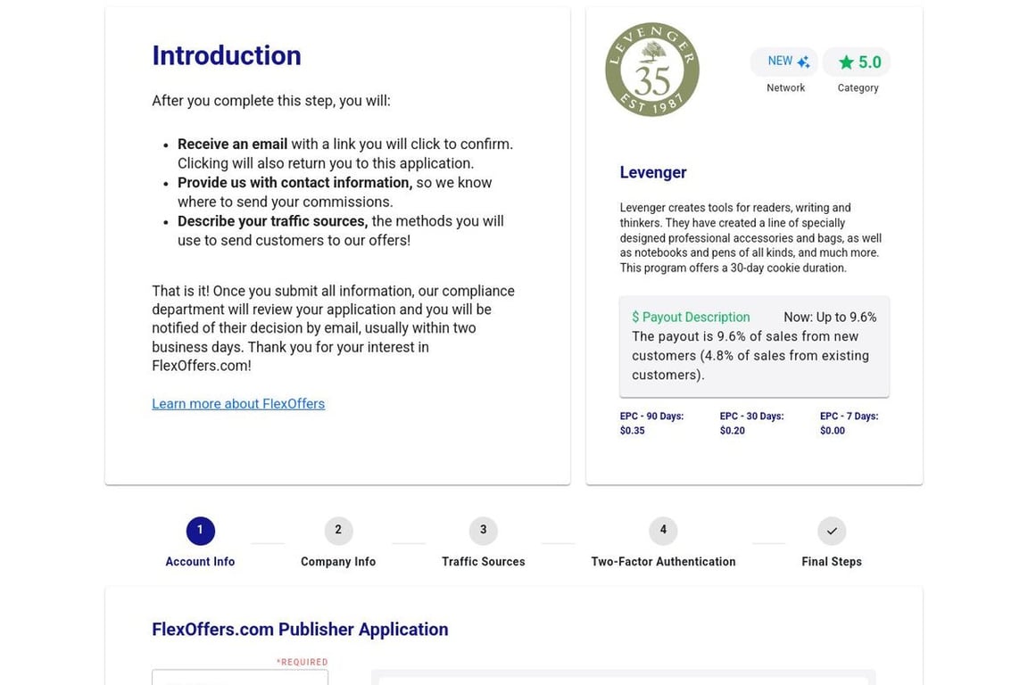 Levenger affiliate program signup page