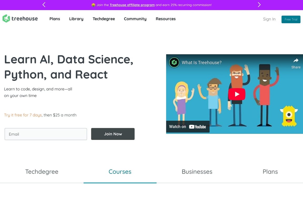 Treehouse affiliate program signup page