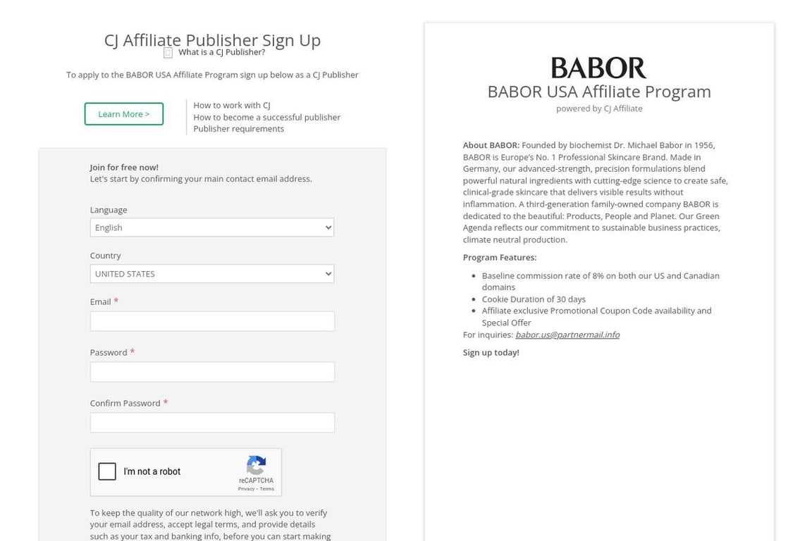 BABOR USA affiliate program signup page