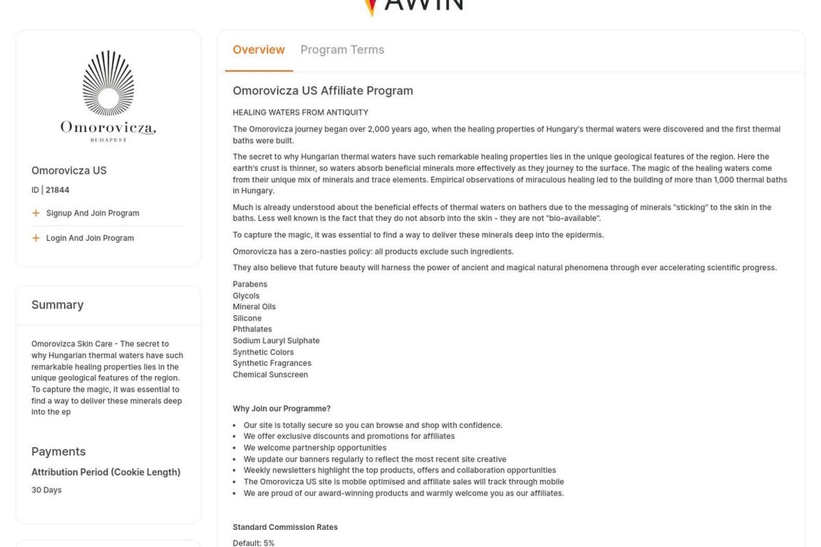 Omorovicza US affiliate program signup page